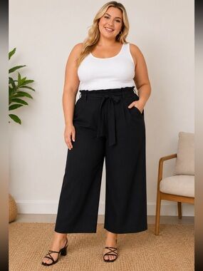 A New Day Black Paperbag Waist Wide Leg Cropped Pants Womens XXL Tie Waist